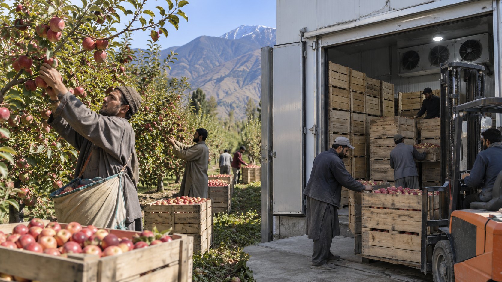 Apple farmers harvest ripe apples in an orchard while workers load crates into a nearby cold-storage facility, with mountains in the background.