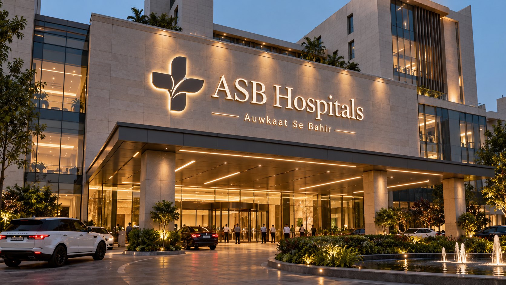 A luxurious five-star-style private hospital at dusk with a grand entrance, landscaped grounds, fountains and the sign “ASB Hospitals” above the doors, with “Auwkaat Se Bahir” beneath it.