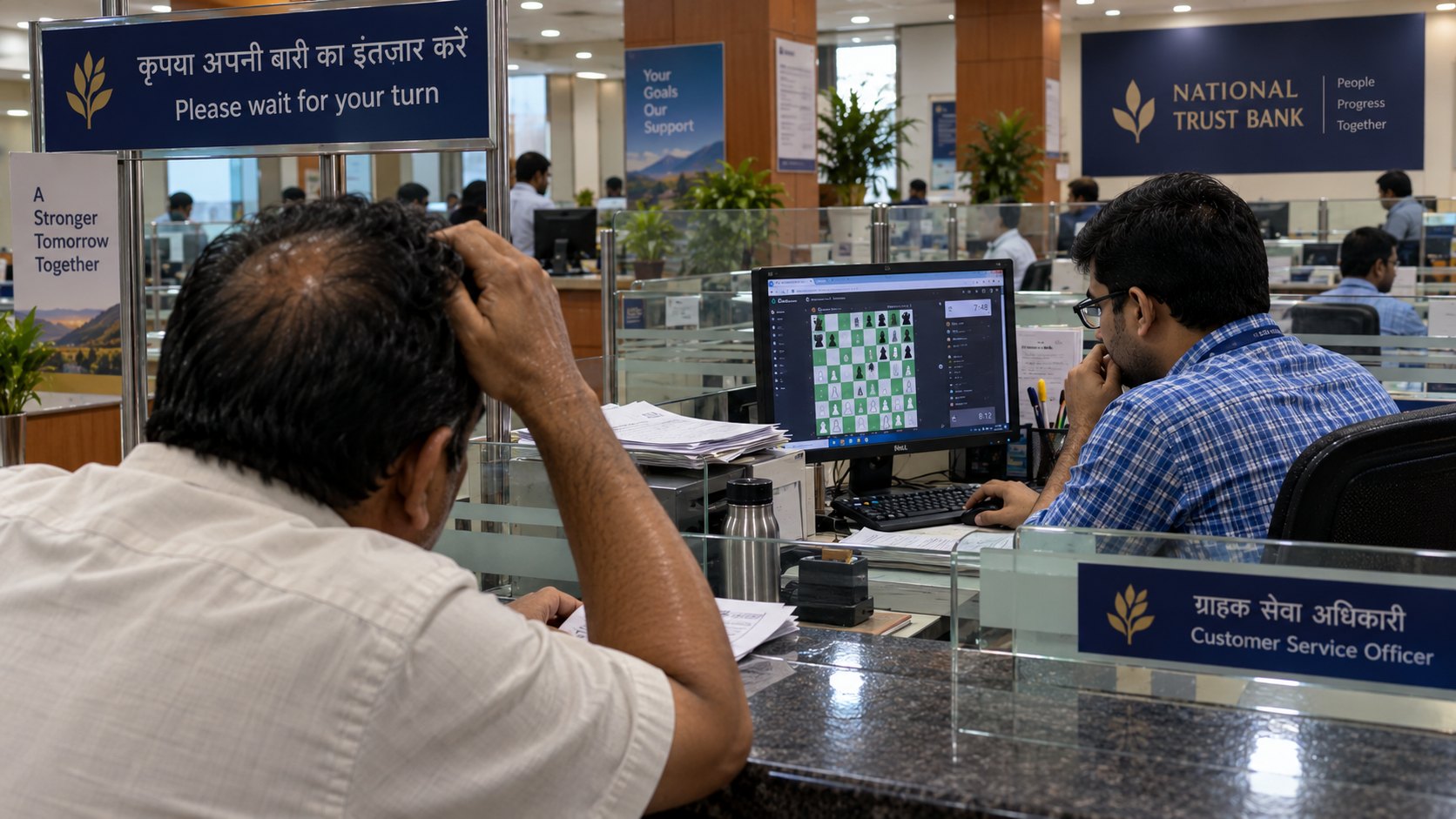 A frustrated customer waits at a bank counter while a banker in a blue checkered shirt plays chess on his computer, surrounded by paperwork.