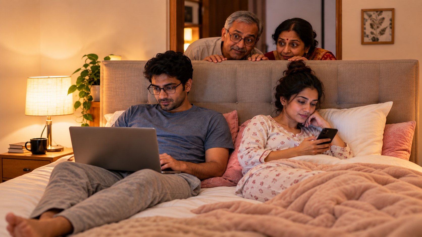 A young couple relax in bed on a laptop and phone while an elderly couple peer over the headboard, unnoticed.