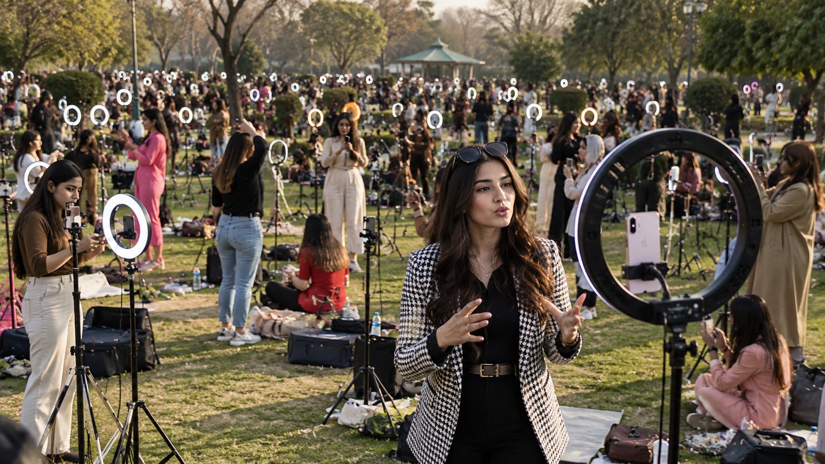 A fashion influencer films herself with a ring light in a public park, surrounded by hundreds of other influencers recording videos with smartphones, tripods and lighting equipment.