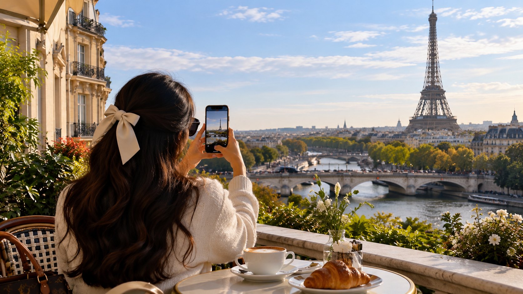 A woman at a Parisian café takes a photo of the Eiffel Tower with her phone, with a coffee and croissant on the table in front of her.