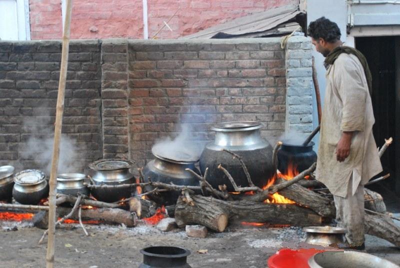 A Kashmiri waza prepares wazwan over open wood fires, tending steaming traditional cooking pots in an outdoor kitchen.